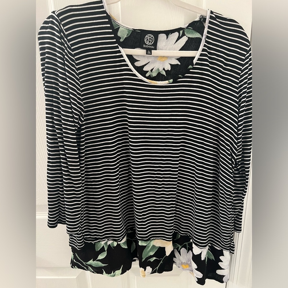 Bobeau black white stripe tunic floral open slit back women’s large